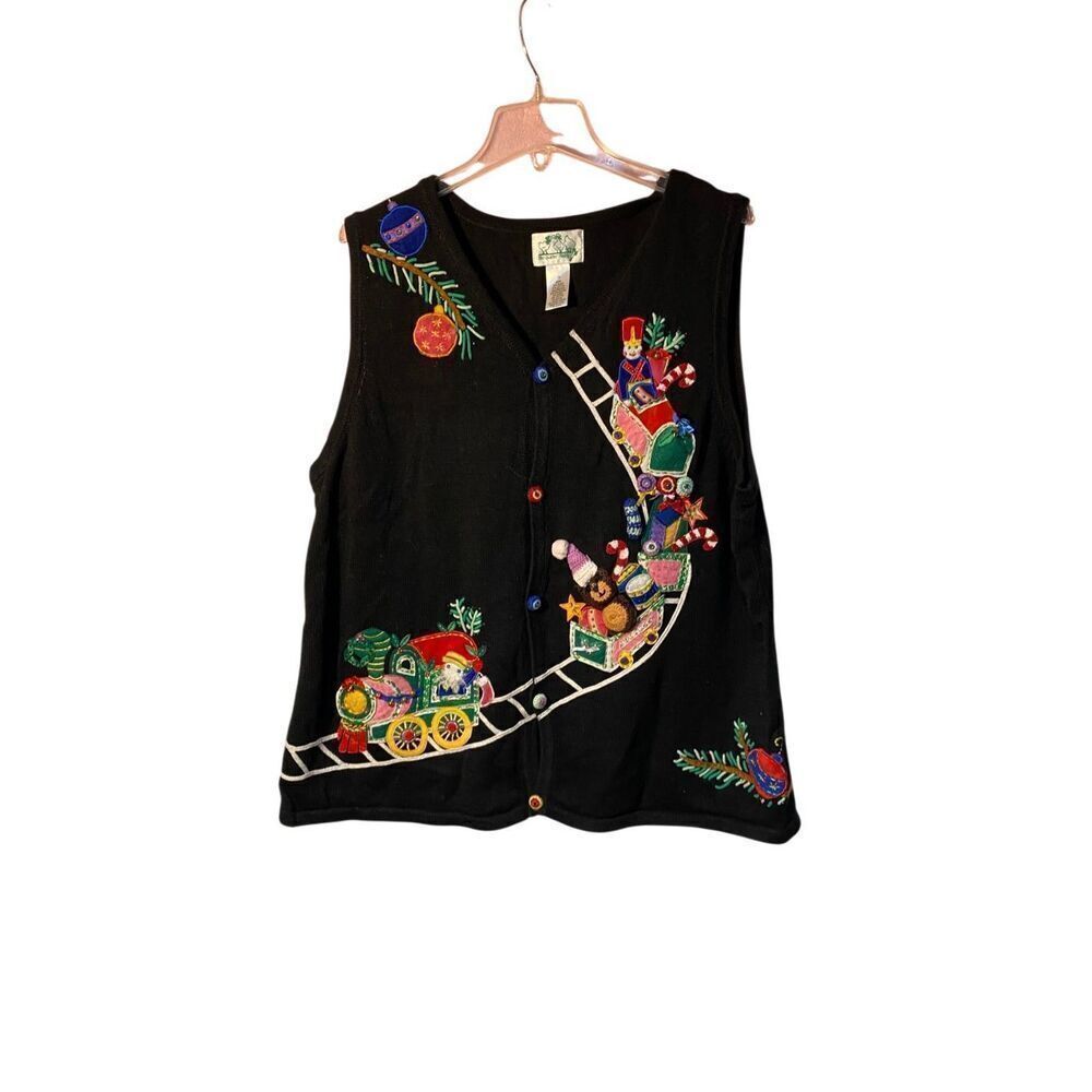 Vintage Quacker factory women’s embroidered train Santa vest size 1X